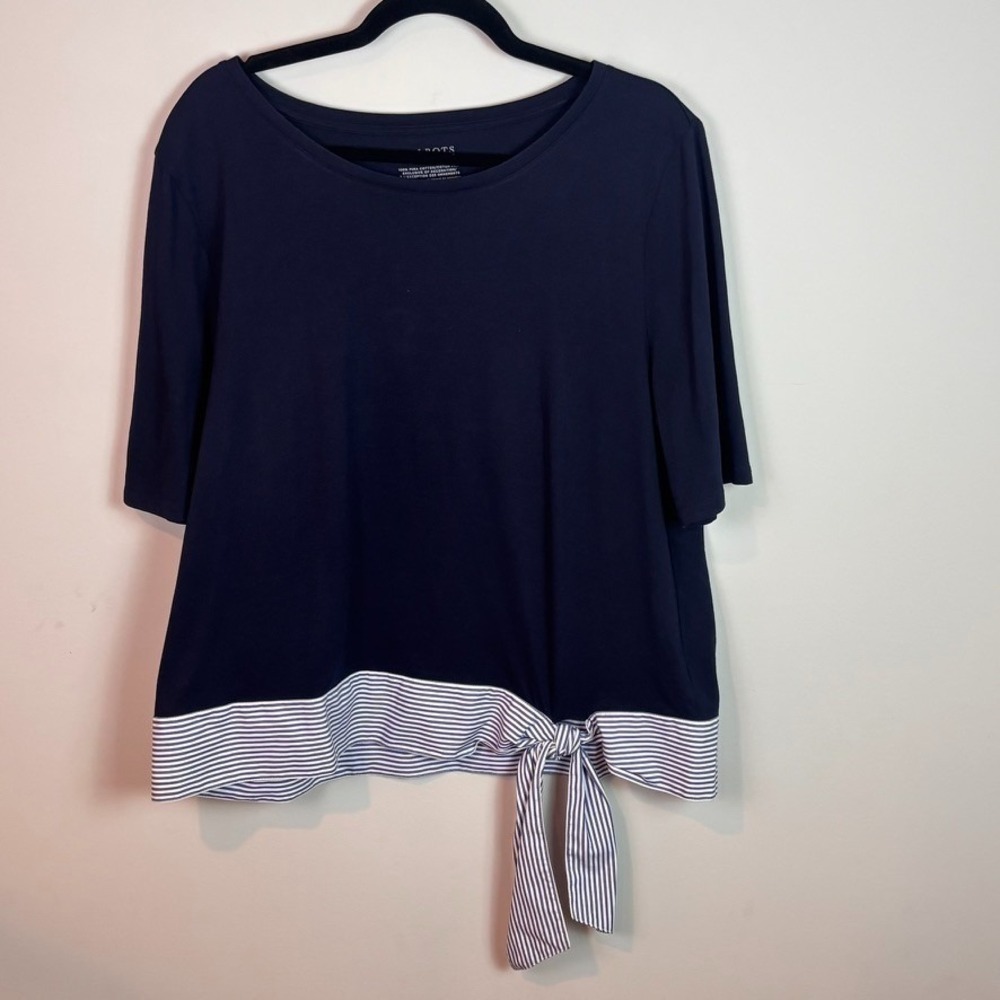 Talbots Womens Faux Layered Navy Blue Striped Bow Detail 100% Pima Cotton Top XL